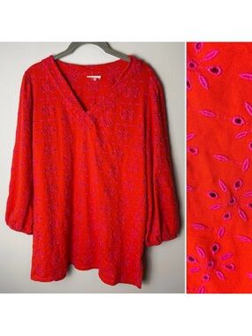 J. Jill Tunic Top Plus Size 1X 3/4 Sleeves V-Neck Orange Pink Embroidered Eyelet